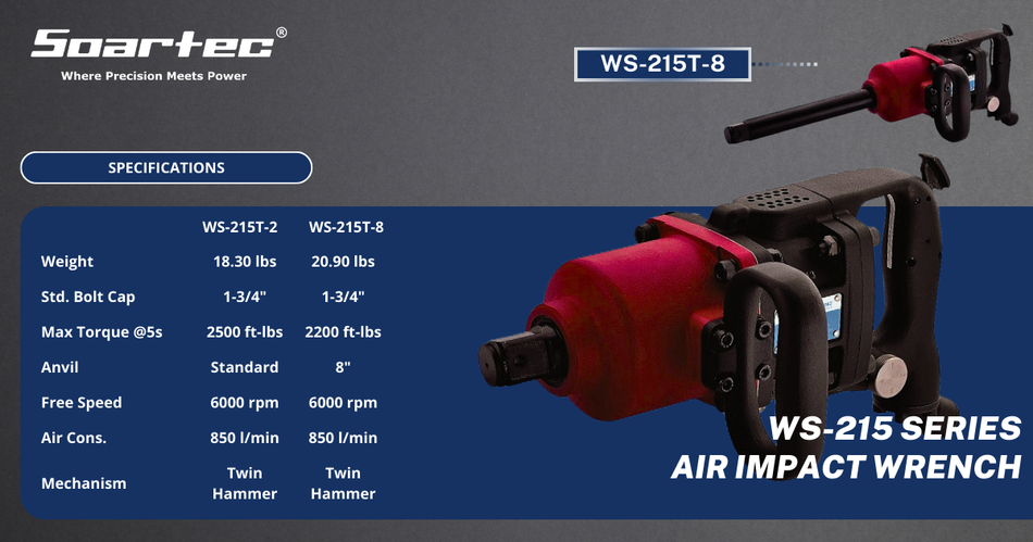 D-Handle Air Impact Wrench 1" Pinless Hammer 2500 ft-lb | WS-215P-2 - Soartec® Industrial Tools