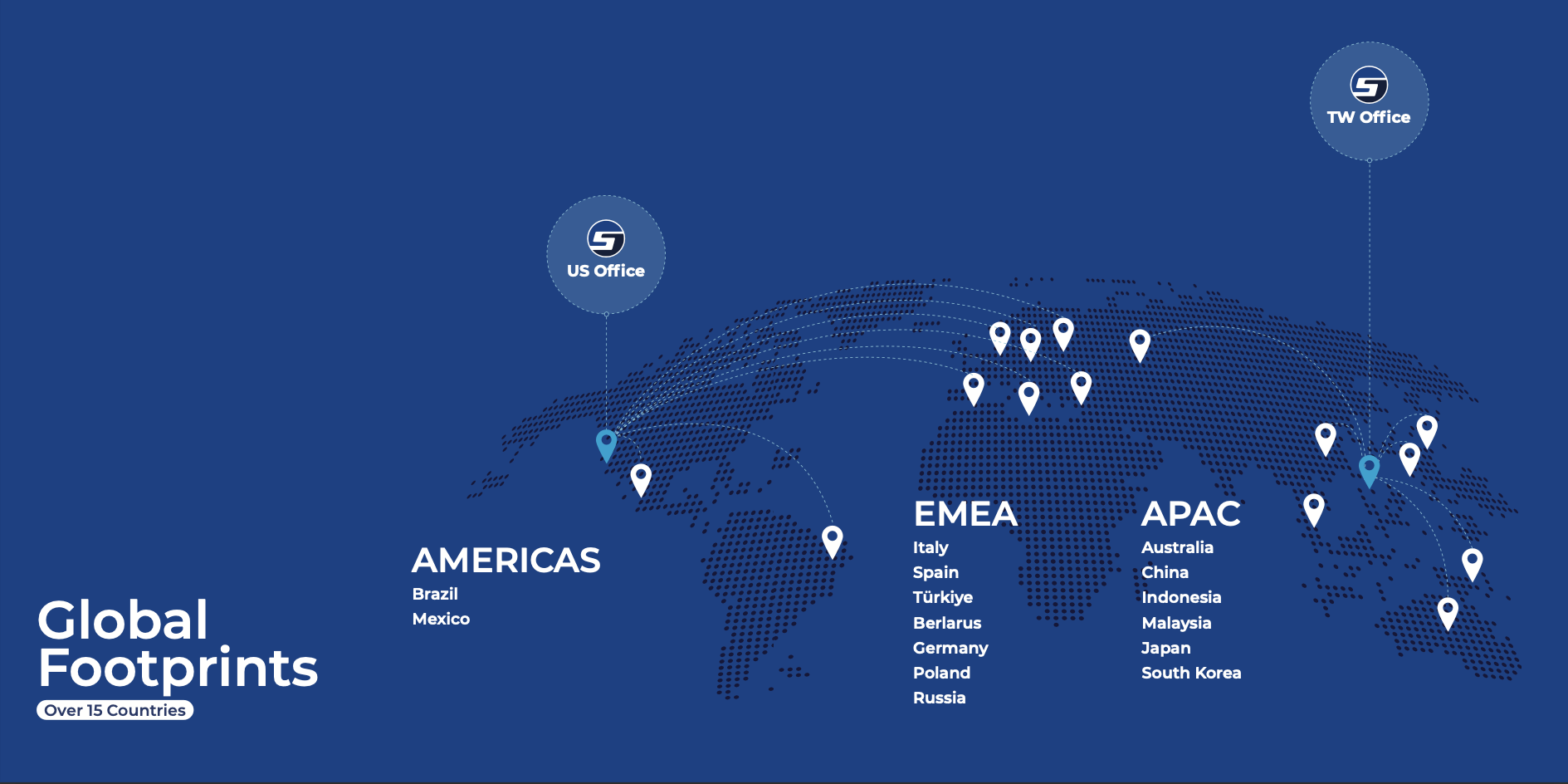 World map with office locations labeled on a blue background