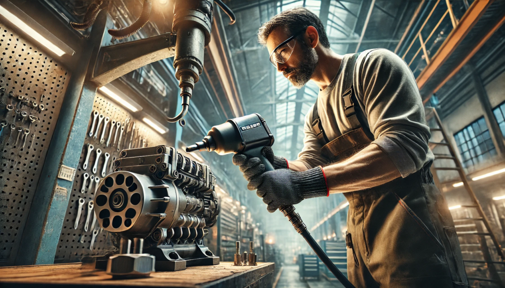 professional mechanic working with air impact wrench